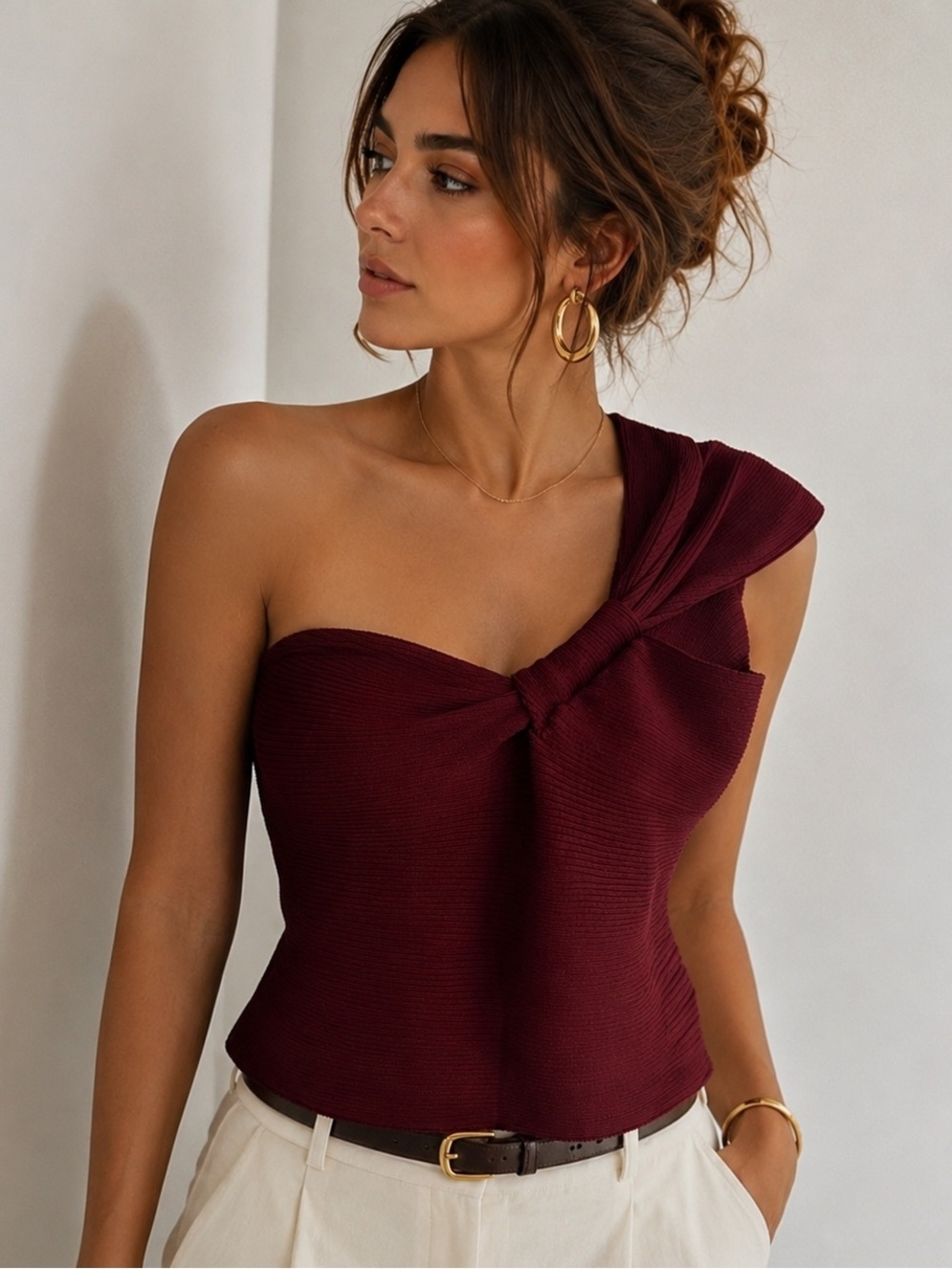 Zara One Shoulder Knit Bow Top Burgundy Size Large